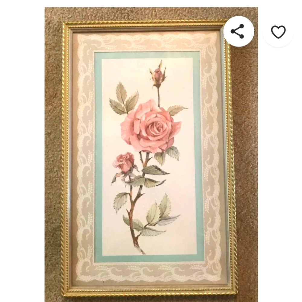 Vintage Home Interior Framed and Matted Pink Rose Painting with Lace